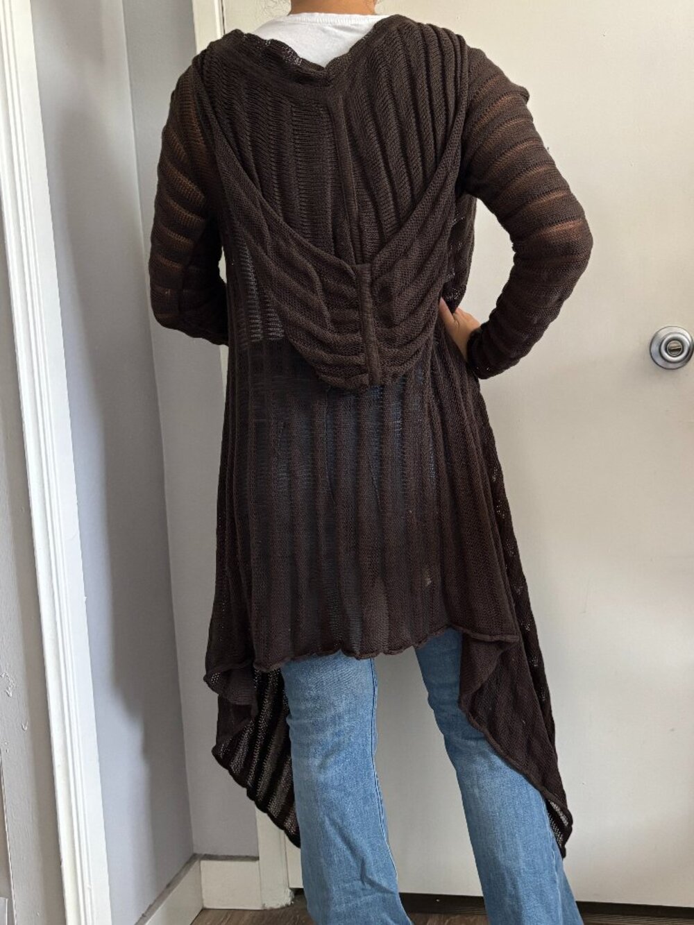 Deep Brown Hand Loomed Open Knit Made in Peru Longline Hooded Cardigan - Picture 2 of 13